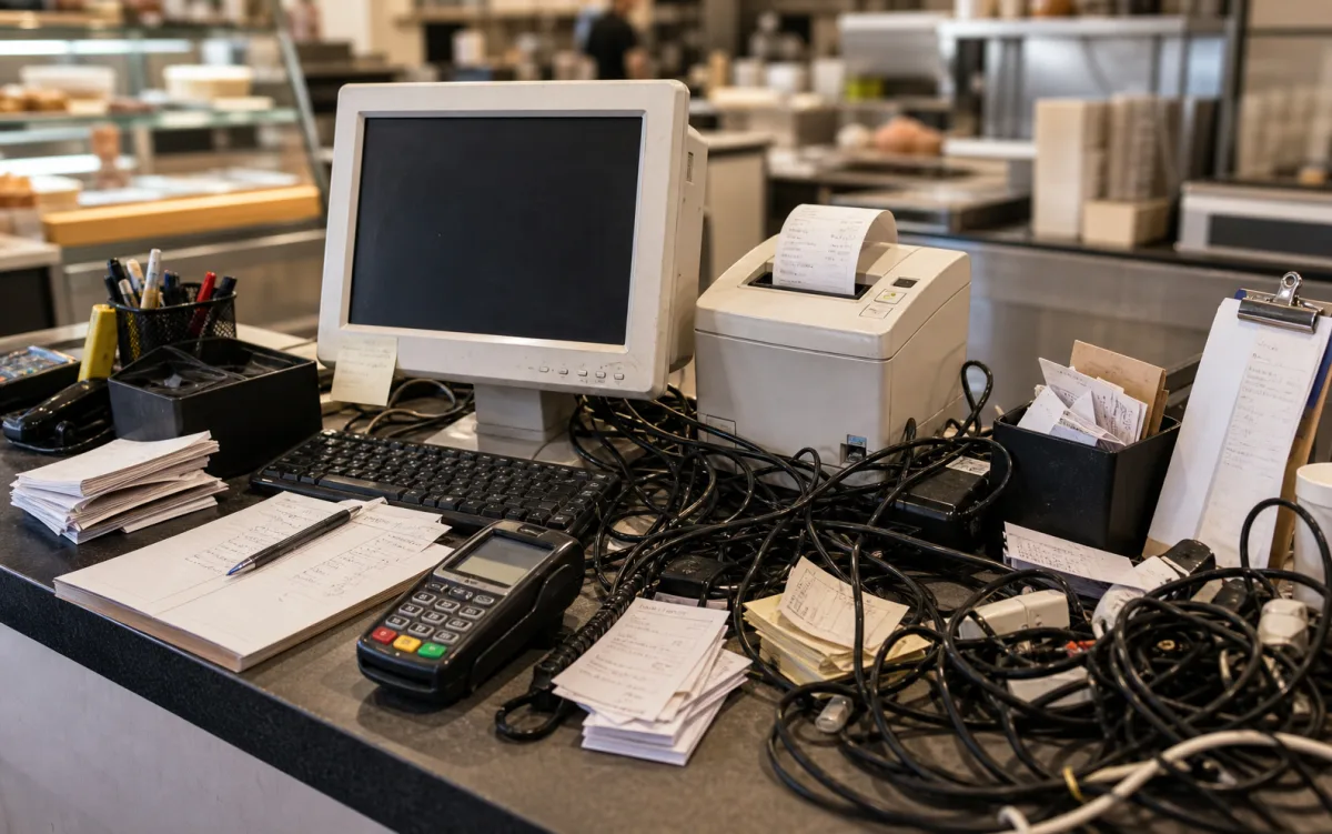 Caixa tradicional desorganizado com computador, impressora, terminal, papéis e cabos espalhados