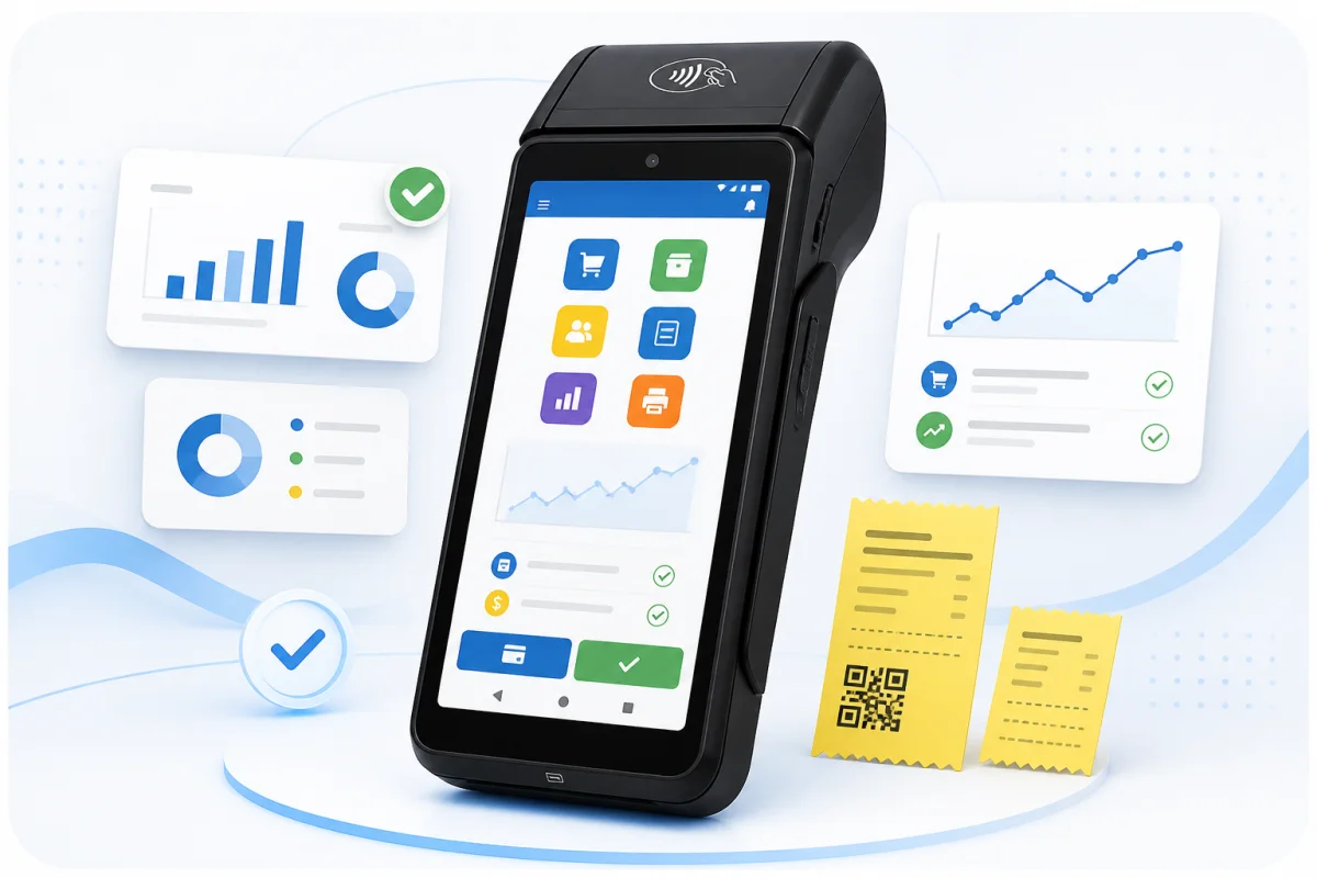 Maquininha com Automatize Mobi em destaque, acompanhada por relatórios e tickets